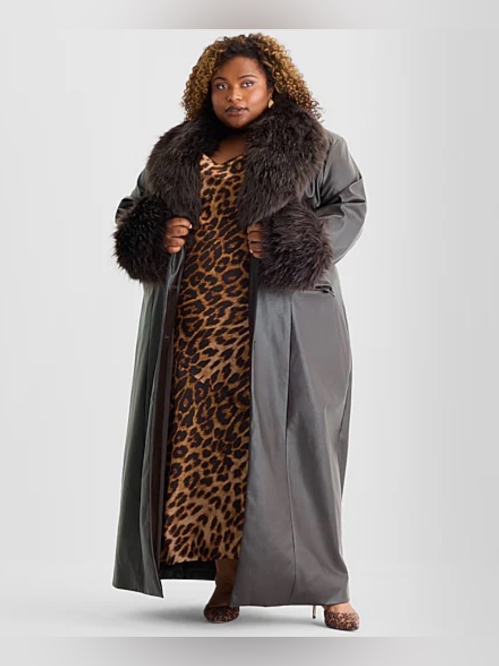 NEW Ashley Graham Dark Brown Fur Wrap Long Coat Women’s Plus Size 1X MSRP $300